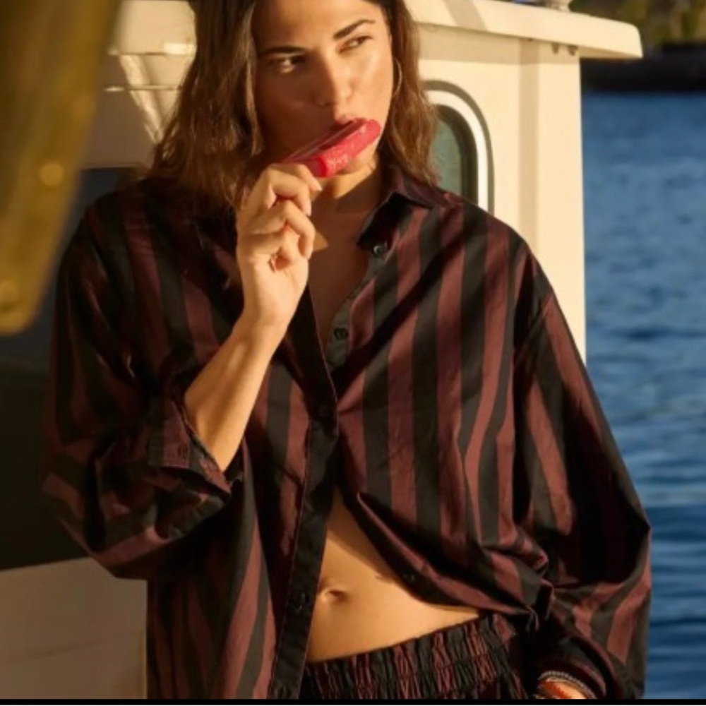 aerie Black and Burgundy Striped Button-Down Shirt